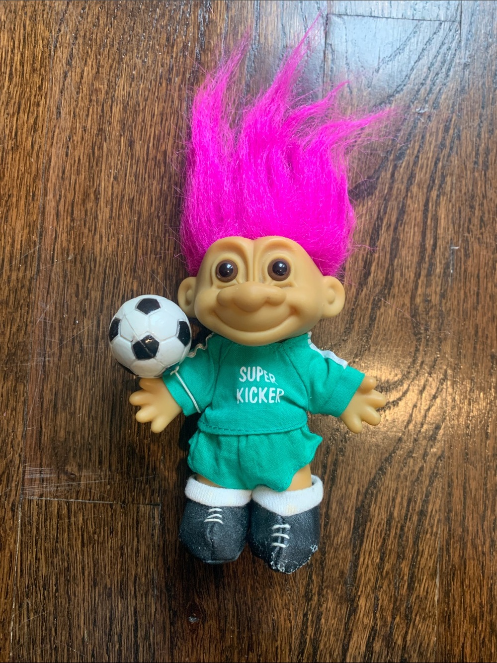 Vintage Troll Doll Pink Hair Soccer Player Super Kicker Green Outfit Ball Toy